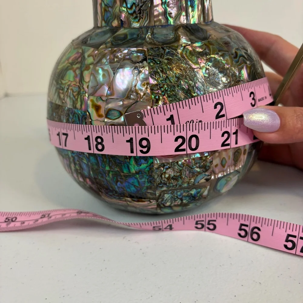 Vintage Abalone Shell Mosaic Pitcher Brass Mother of Pearl Jug Vase Decor 1960s - Picture 9 of 9